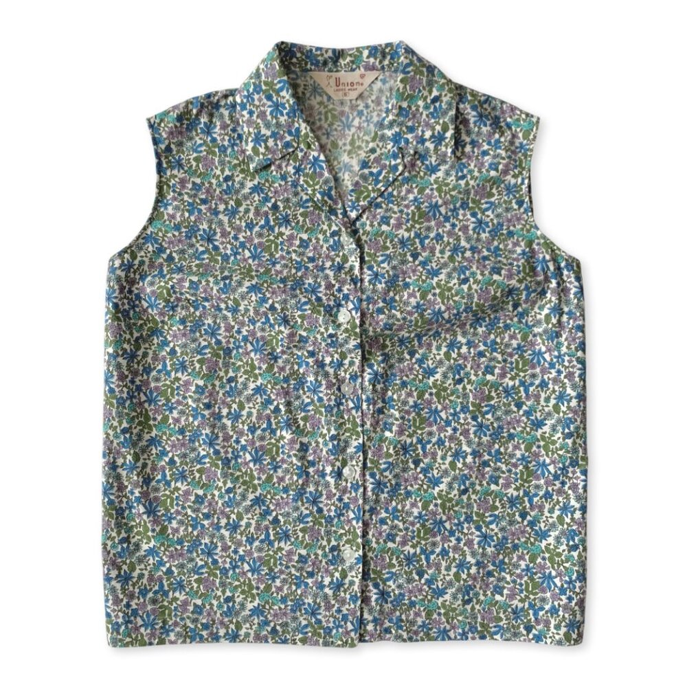 Vintage 50’s 60’s Sleeveless Floral Button Up Blue Blouse Top Prep Cottagecore
